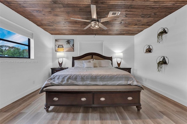 bedroom featuring ceiling fan, light wood-type flooring, and wooden ceiling