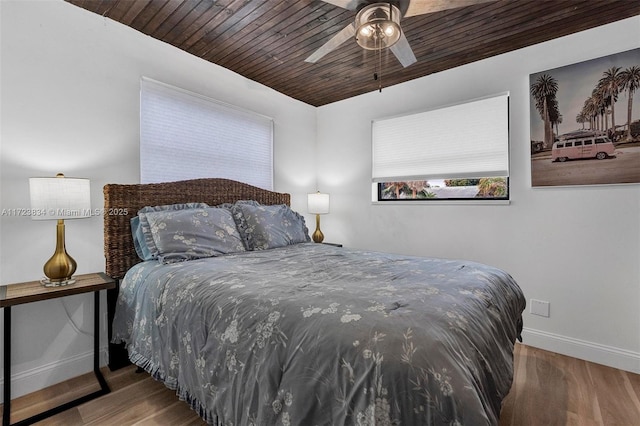 bedroom featuring hardwood / wood-style floors, ceiling fan, and wooden ceiling