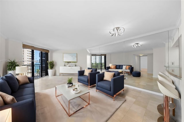 living room featuring crown molding