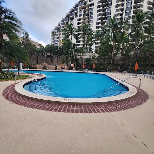 view of swimming pool featuring a patio area