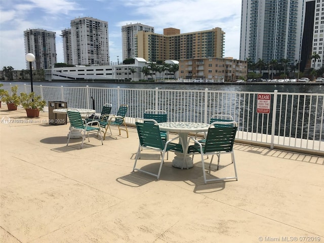 view of patio / terrace featuring a water view