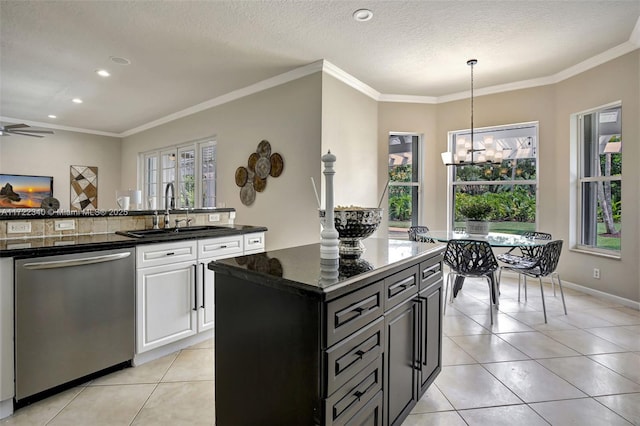 1781 Harbor Pointe Cir, Weston, FL 33327 - kitchen with sink, white cabinetry, hanging light fixtures, light tile patterned floors, and dishwasher