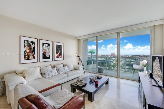 living room featuring a wall of windows