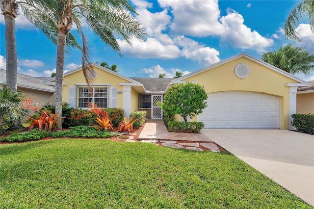 ranch-style home with a front lawn and a garage