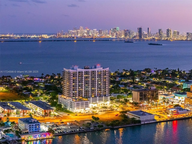 drone / aerial view featuring a view of city and a water view