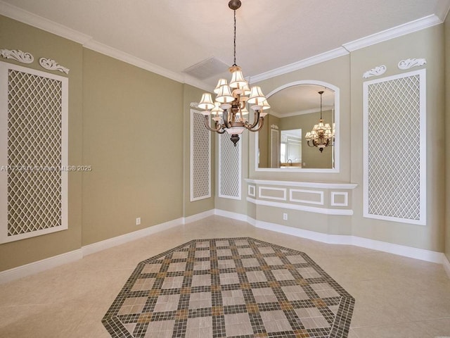 empty room with tile patterned floors and crown molding