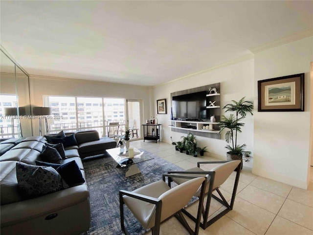 living room featuring light tile patterned floors and crown molding