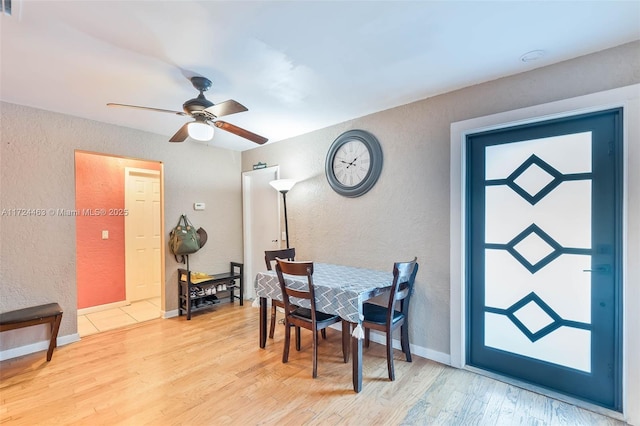 dining room with ceiling fan and light hardwood / wood-style flooring