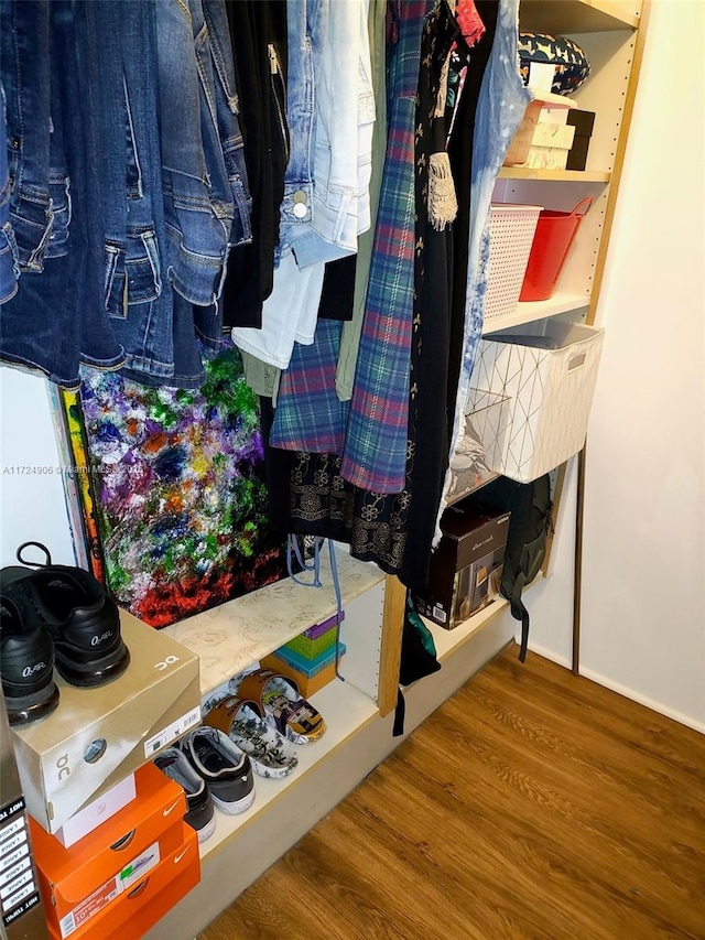 walk in closet with hardwood / wood-style flooring