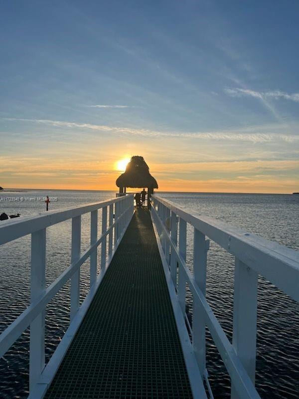 dock area with a water view and a view of the beach