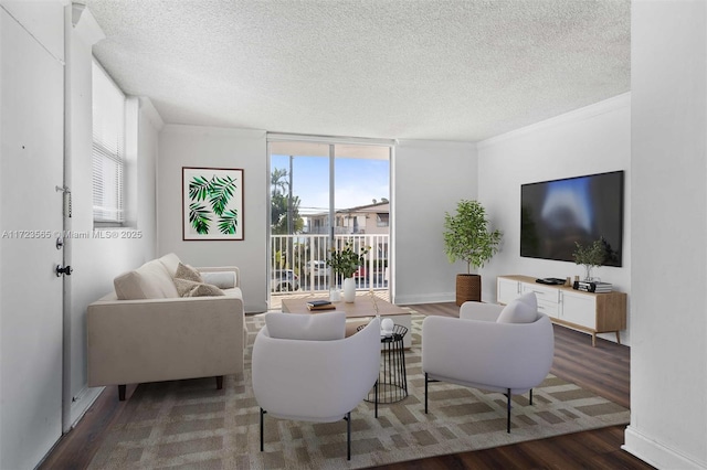 living room featuring a textured ceiling, a wall of windows, and dark hardwood / wood-style floors