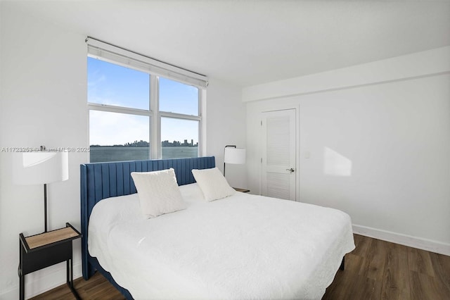 bedroom with a water view, dark hardwood / wood-style floors, and a closet