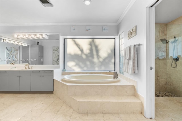 bathroom featuring independent shower and bath, crown molding, and vanity