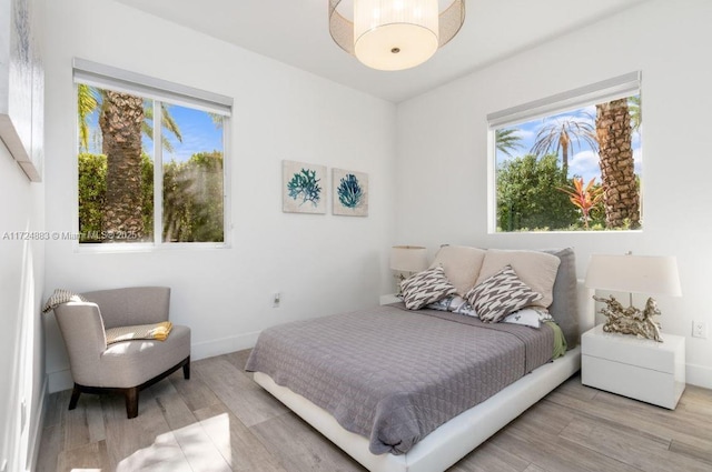 bedroom with light hardwood / wood-style floors and multiple windows