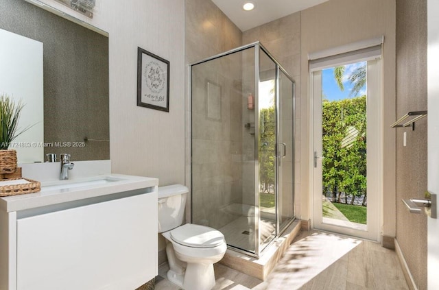 bathroom with toilet, vanity, and a shower with shower door