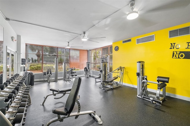 exercise room featuring ceiling fan