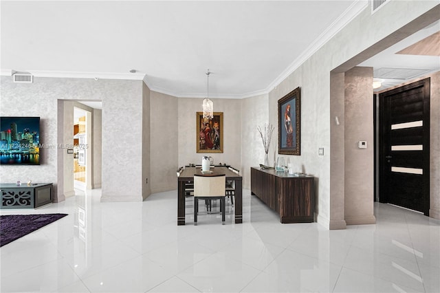 dining area with light tile patterned flooring and crown molding