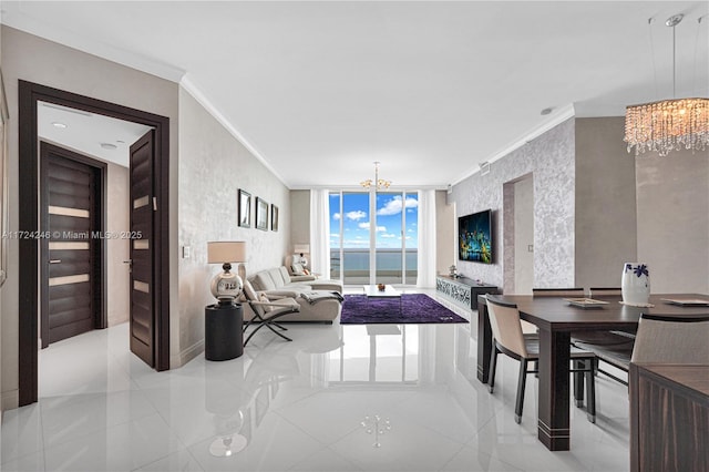 living room featuring expansive windows, crown molding, and a chandelier