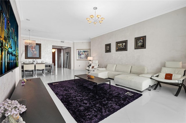 tiled living room featuring a notable chandelier and ornamental molding