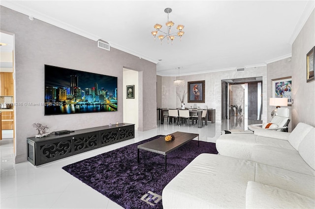 living room featuring light tile patterned floors, ornamental molding, and a chandelier