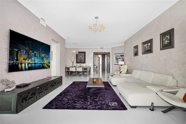 tiled living room with crown molding and an inviting chandelier