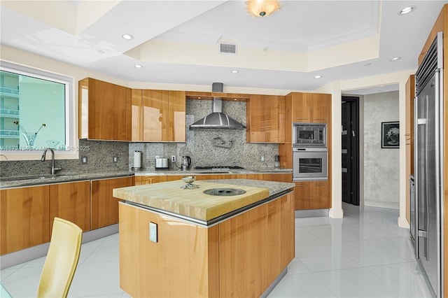 kitchen featuring appliances with stainless steel finishes, a center island, a tray ceiling, wall chimney exhaust hood, and sink