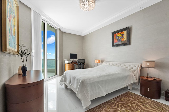 tiled bedroom with an inviting chandelier, ornamental molding, floor to ceiling windows, and access to outside