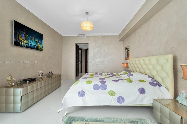 tiled bedroom featuring crown molding