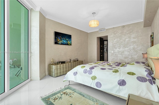 tiled bedroom featuring crown molding