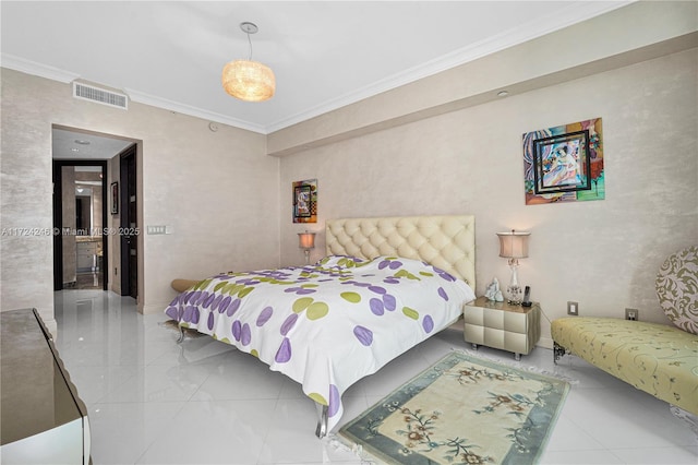 tiled bedroom featuring ornamental molding