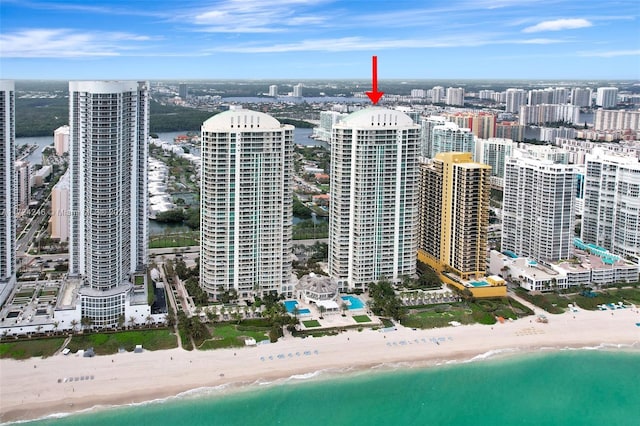 bird's eye view with a water view and a view of the beach