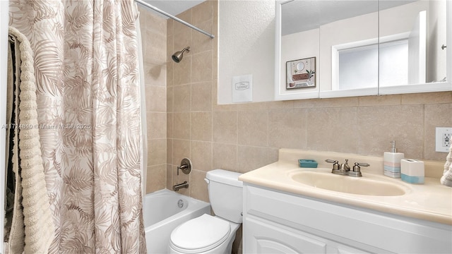 full bathroom with shower / bathtub combination with curtain, tile walls, tasteful backsplash, toilet, and vanity