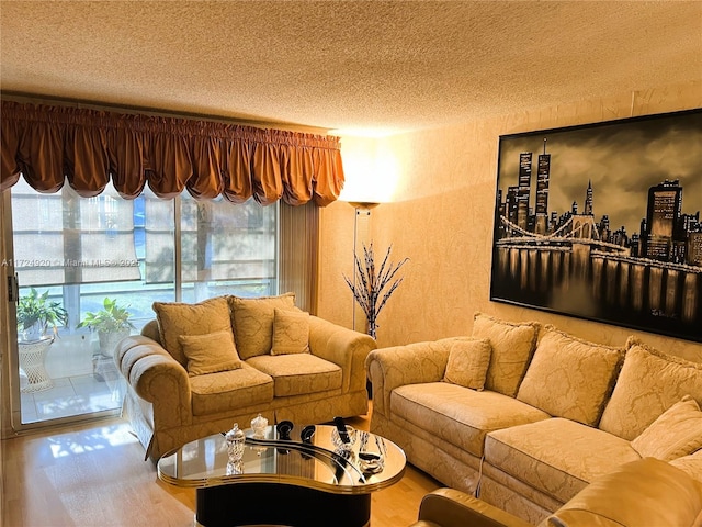 living room with wood-type flooring and a textured ceiling