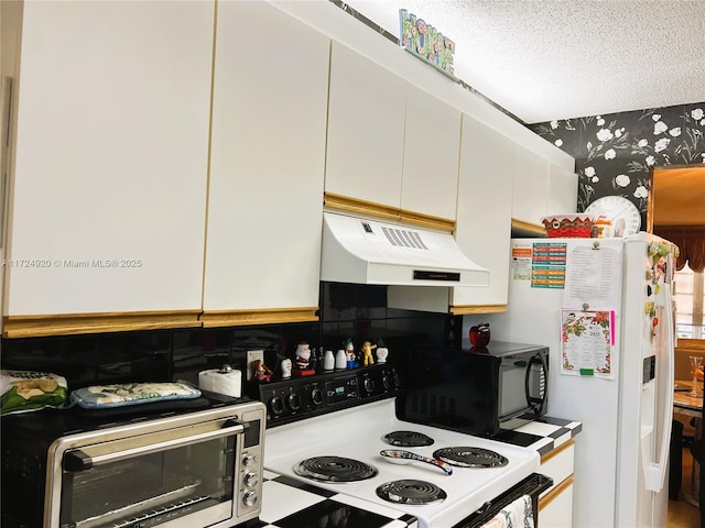 kitchen featuring white refrigerator with ice dispenser, a textured ceiling, tasteful backsplash, electric range oven, and white cabinetry