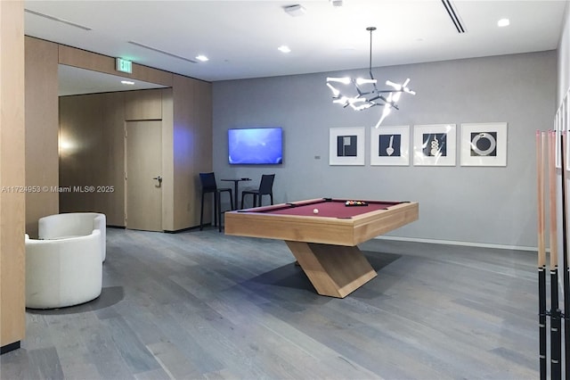 650 NE 32nd St Unit 2703, Miami, FL 33137 - game room featuring wood finished floors, billiards, recessed lighting, and a chandelier