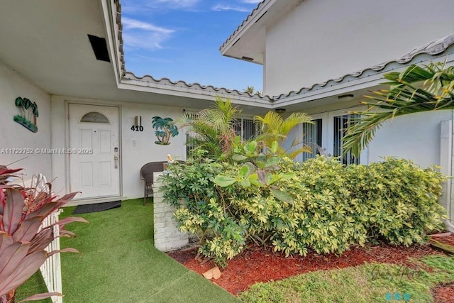 view of exterior entry with a yard