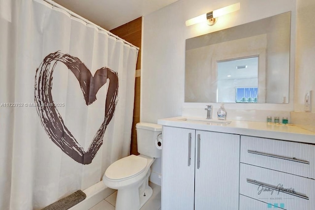 bathroom featuring tile patterned floors, vanity, toilet, and a shower with curtain