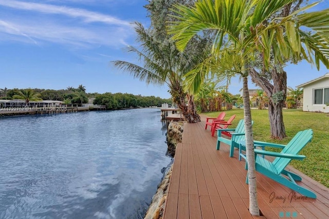 dock area featuring a yard and a water view