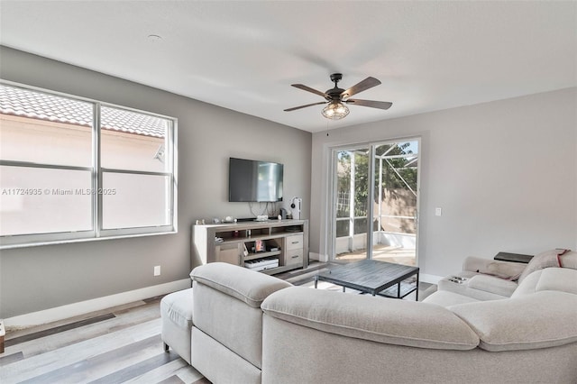 living room with ceiling fan and light hardwood / wood-style floors