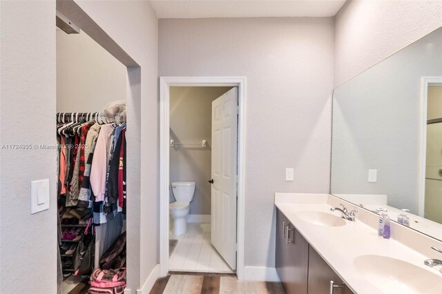 bathroom featuring vanity, toilet, and hardwood / wood-style floors