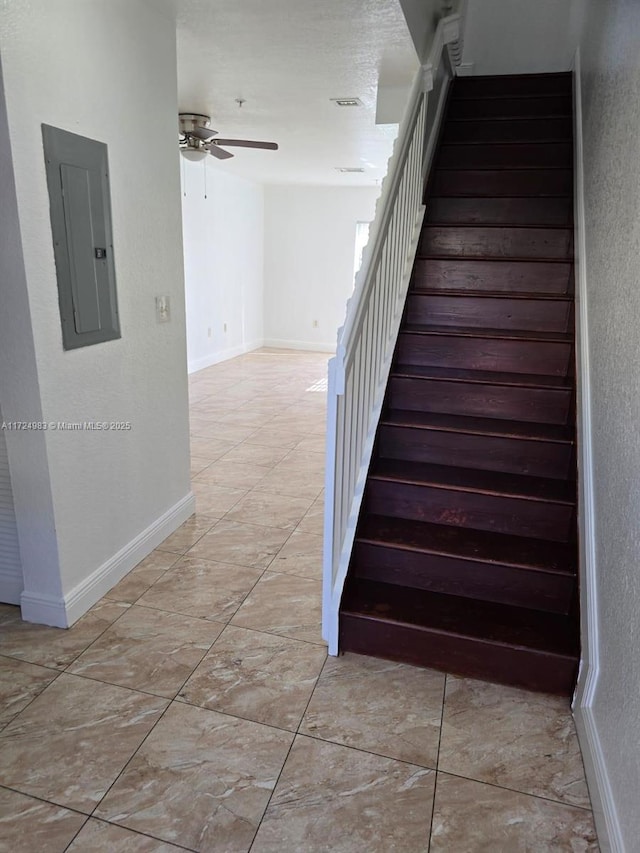 stairs with ceiling fan and electric panel