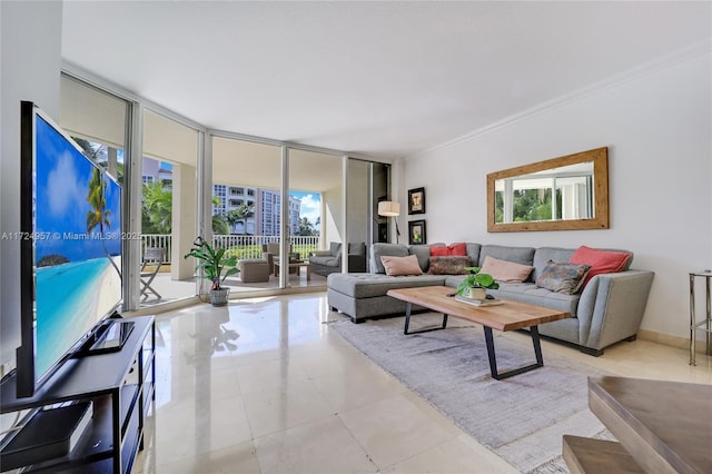 living room with a wall of windows and crown molding