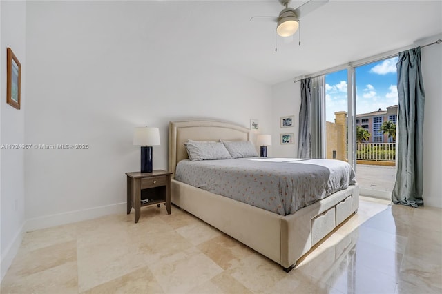 bedroom featuring ceiling fan, access to outside, and expansive windows