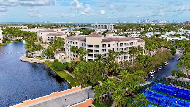 birds eye view of property featuring a water view