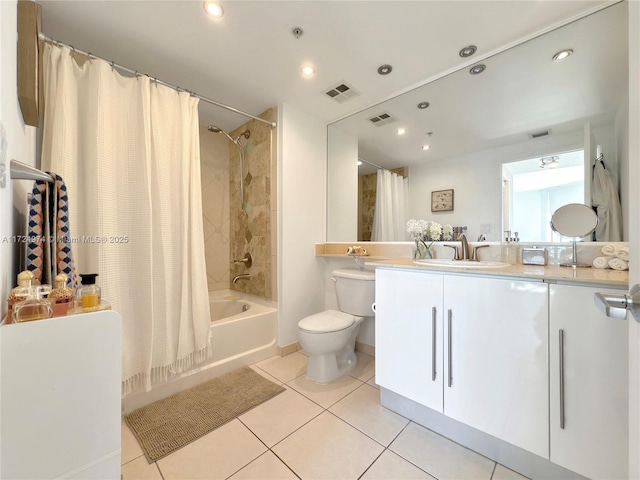 full bathroom with toilet, vanity, tile patterned flooring, and shower / bathtub combination with curtain