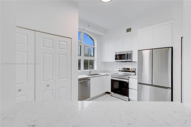 kitchen with visible vents, modern cabinets, stainless steel appliances, white cabinetry, and a sink