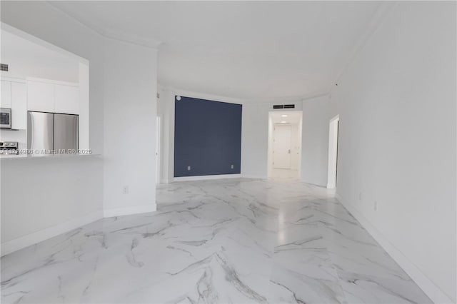 unfurnished living room featuring baseboards, marble finish floor, visible vents, and crown molding