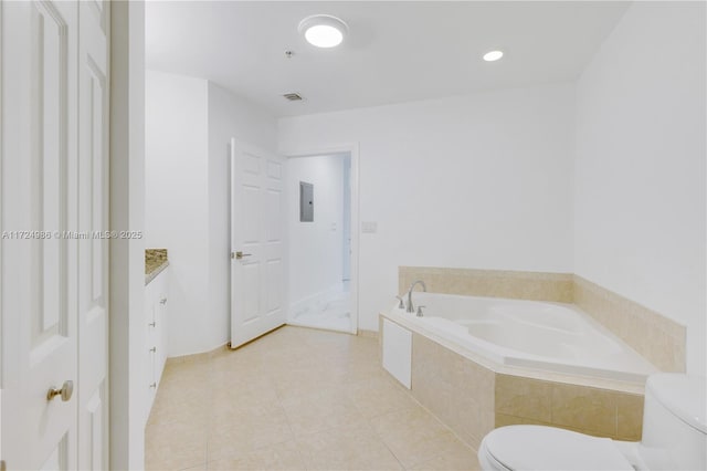 bathroom featuring visible vents, toilet, vanity, electric panel, and tile patterned floors