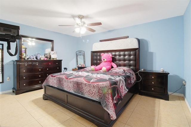 bedroom featuring ceiling fan and light tile patterned flooring