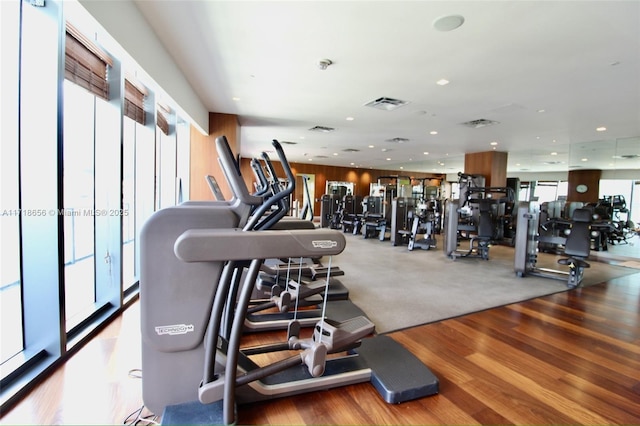 workout area featuring wood-type flooring